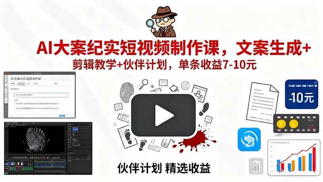 （15992期）AI大案纪实短视频制作课，文案生成+剪辑教学+伙伴计划，单条收益7-10元网创-网赚-兼职-副业天辰网创