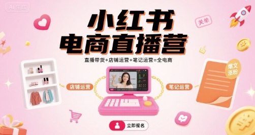 小红书电商直播营，直播带货+店铺运营+笔记运营=全电商网创-网赚-兼职-副业天辰网创