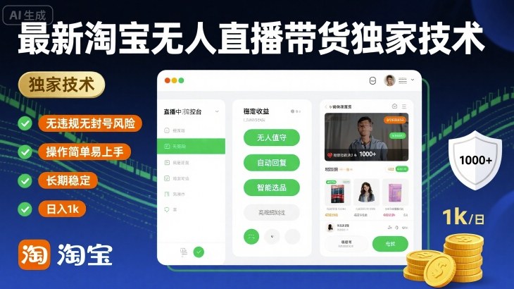 最新淘宝无人直播带货独家技术，无违规无封号风险，操作简单易上手，长期稳定日入1k【揭秘】网创-网赚-兼职-副业天辰网创