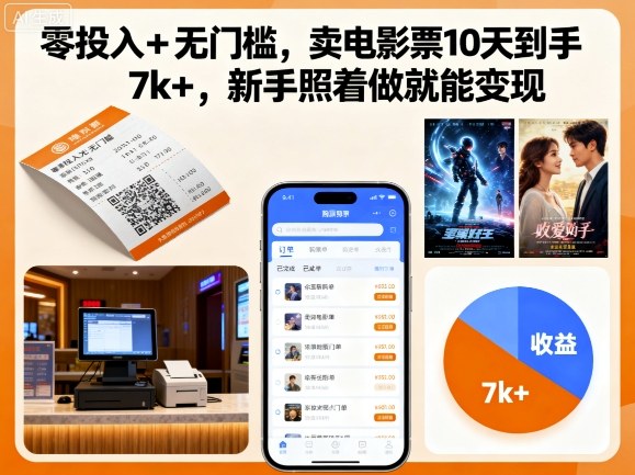 零投入+无门槛，卖电影票10天到手7k+，新手照着做就能变现【揭秘】网创-网赚-兼职-副业天辰网创