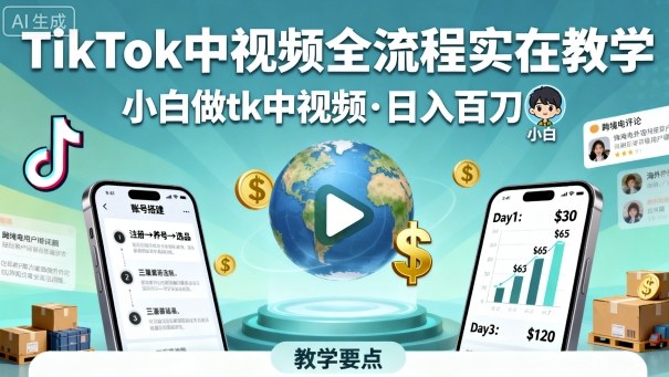 TikTok中视频全流程实操教学，小白做tk中视频，日入百刀网创-网赚-兼职-副业天辰网创