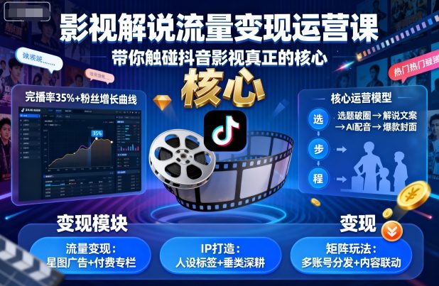 影视解说流量变现运营课，带你触碰抖音影视真正的核心网创-网赚-兼职-副业天辰网创