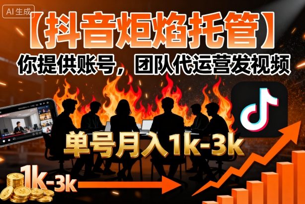 【抖音炬焰托管】你提供账号，团队代运营发视频，单号月入1k+【揭秘】网创-网赚-兼职-副业天辰网创