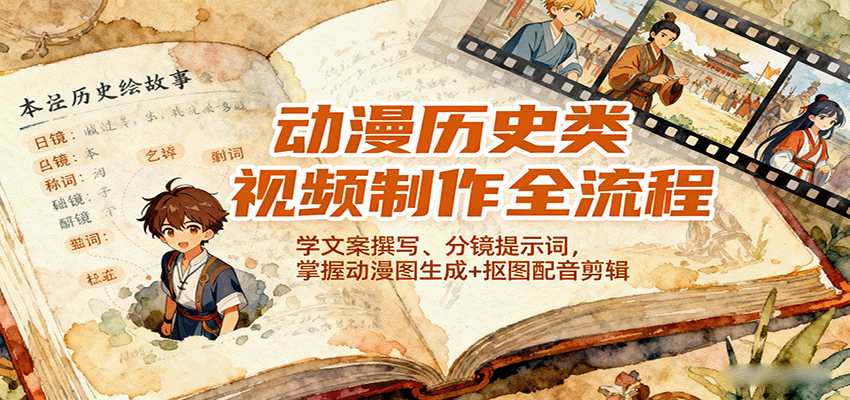 动漫历史类视频制作全流程，学文案撰写、分镜提示词，掌握动漫图生成+抠图配音剪辑网创-网赚-兼职-副业天辰网创