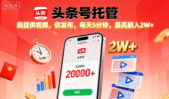 【头条号托管】我提供视频，你发布，每天5分钟，最高躺入2W+【揭秘】网创-网赚-兼职-副业天辰网创