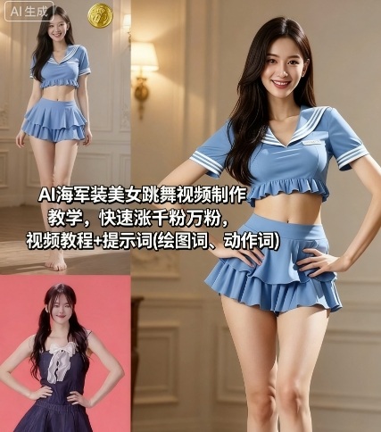 AI海军装美女跳舞视频制作教学，快速涨千粉万粉，视频教程+提示词(绘图词、动作词)网创-网赚-兼职-副业天辰网创