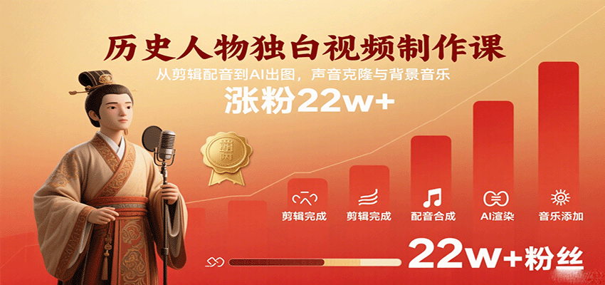 历史人物独白视频制作课，从剪辑配音到AI出图，声音克隆与背景音乐，涨粉22w+网创-网赚-兼职-副业天辰网创