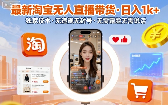 最新淘宝无人直播带货，日入1k+，独家技术，无违规无封号，无需露脸无需说话【揭秘】网创-网赚-兼职-副业天辰网创