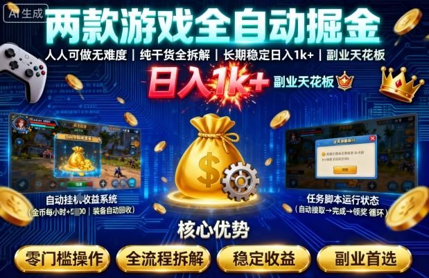 两款游戏全自动掘金，人人可做无难度，纯干货全拆解，长期稳定，日入1k+，副业天花板【揭秘】网创-网赚-兼职-副业天辰网创