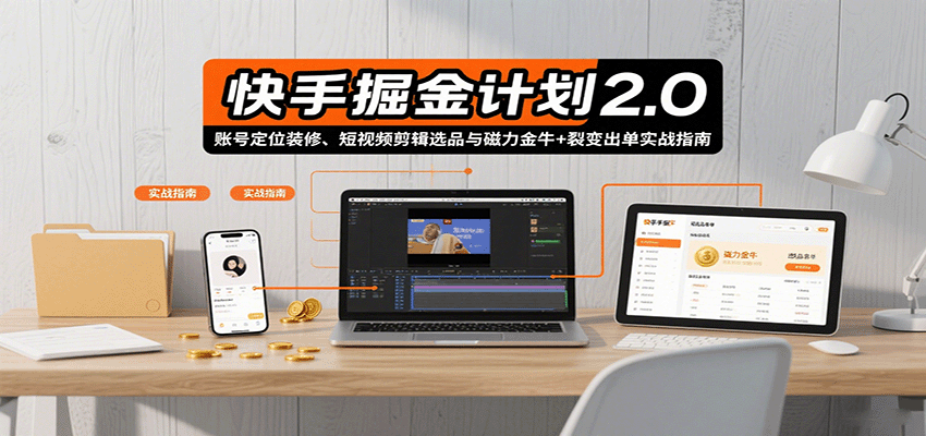 快手掘金计划2.0，账号定位装修、短视频剪辑选品与磁力金牛+裂变出单实战指南网创-网赚-兼职-副业天辰网创