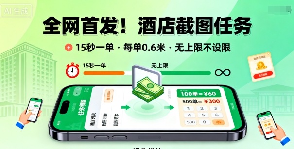 全网首发！酒店截图任务，15秒一单，每单0.6米，任务无上限不设限，矩阵操作单日3张到手【揭秘】网创-网赚-兼职-副业天辰网创