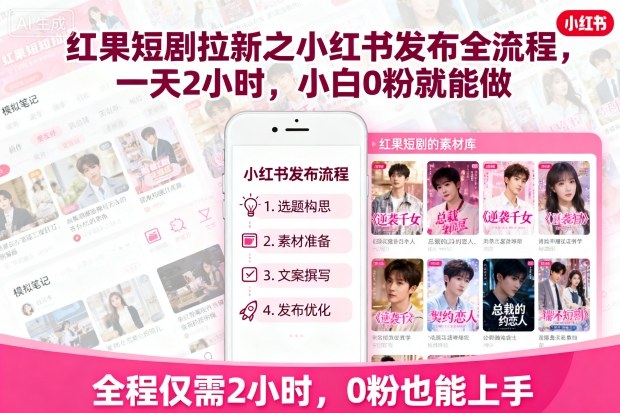 红果短剧拉新之小红书发布全流程，一天2小时，小白0粉就能做网创-网赚-兼职-副业天辰网创