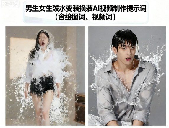 男生女生泼水变装换装AI视频制作提示词(含绘图词、视频词)网创-网赚-兼职-副业天辰网创