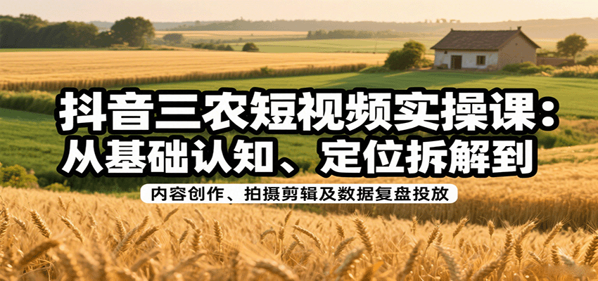 抖音三农短视频实操课：从基础认知、定位拆解到内容创作、拍摄剪辑及数据复盘投放网创-网赚-兼职-副业天辰网创