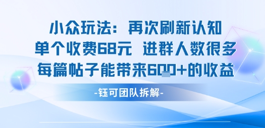 小众玩法再次刷新认知单个收费68米进群人数很多每篇帖子能带来6张的收益网创-网赚-兼职-副业天辰网创