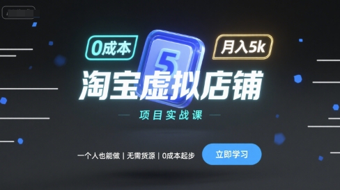 淘宝虚拟店铺项目实战课，一个人也能做，无需货源、0成本起步，月入5k网创-网赚-兼职-副业天辰网创