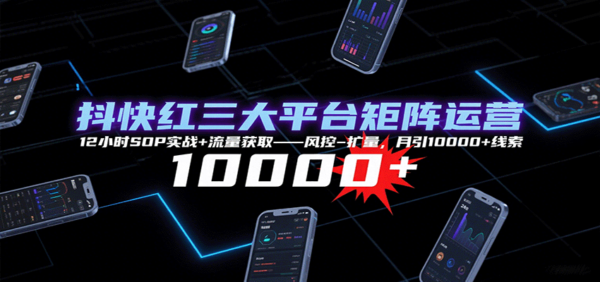 抖快红三大平台矩阵运营，12小时SOP实战+流量获取-风控-扩量，月引10000+线索网创-网赚-兼职-副业天辰网创