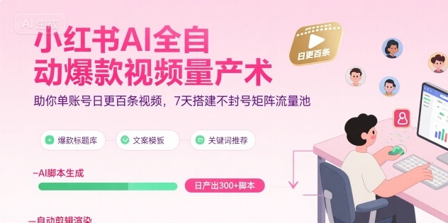 小红书AI全自动爆款视频量产术，助你单账号日更百条视频，7天搭建不封号矩阵流量池（更新9月）网创-网赚-兼职-副业天辰网创