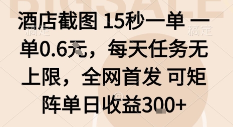 酒店截图15秒一单，一单0.6米，每天任务无上限，全网首发可矩阵单日收益3张【揭秘】网创-网赚-兼职-副业天辰网创