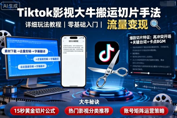 Tiktok影视大牛搬运切片手法，详细玩法教程网创-网赚-兼职-副业天辰网创