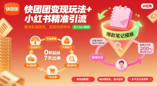 快团团变现玩法+小红书精准引流技巧，助你真正落地私域卖货，实现持续挣米网创-网赚-兼职-副业天辰网创
