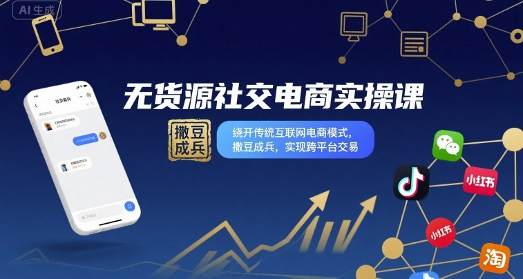无货源社交电商实操课，绕开传统互联网电商模式，撒豆成兵，实现跨平台交易网创-网赚-兼职-副业天辰网创