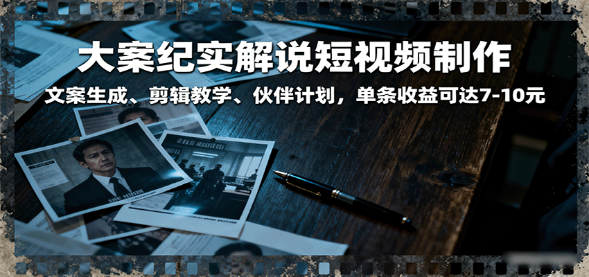 大案纪实解说短视频制作，文案生成、剪辑教学、伙伴计划，单条收益可达7-10元网创-网赚-兼职-副业天辰网创